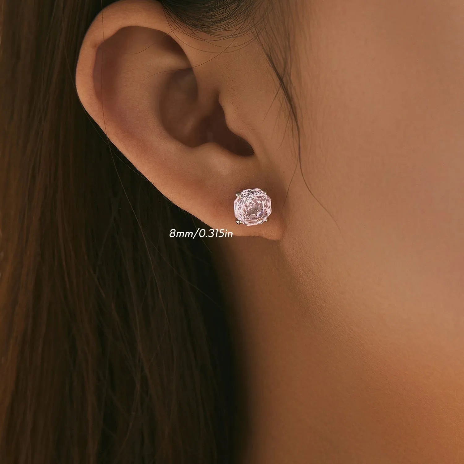 S925 sterling silver rose stud earrings with pink crystal accents in 6mm and 8mm sizes