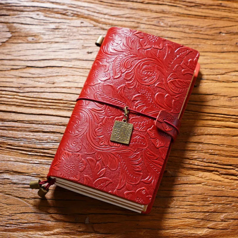 Creative vintage engraving cowhide travel notepad in black A5 size with genuine leather cover