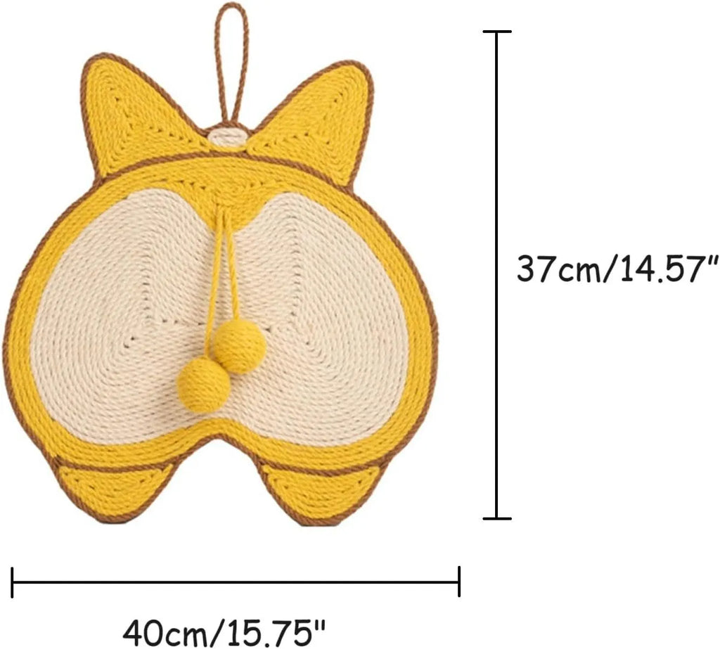 Yellow cat scratching pad with Corgi butt design, made from natural sisal on an anti-slip base