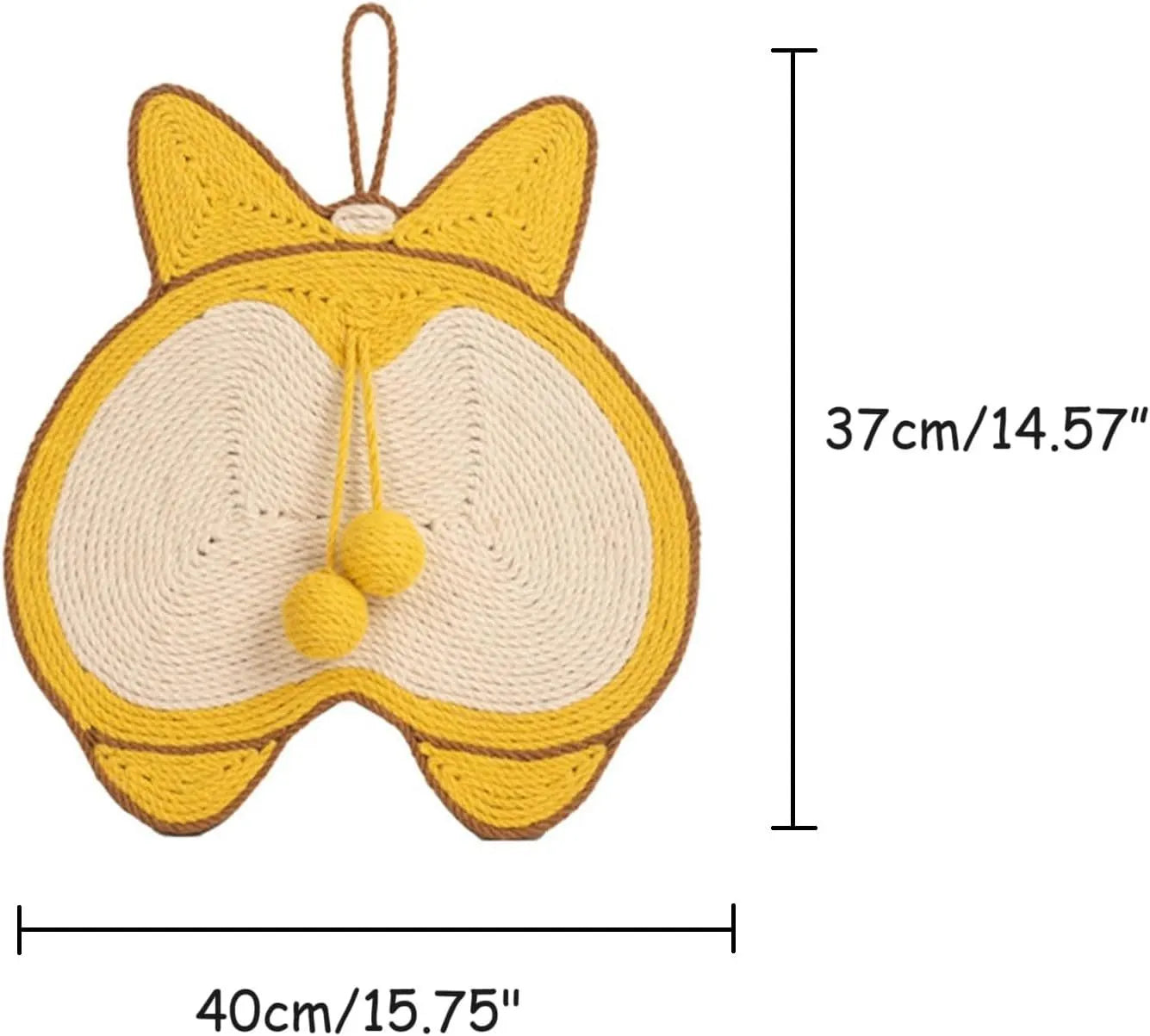 Yellow cat scratching pad with Corgi butt design, made from natural sisal on an anti-slip base