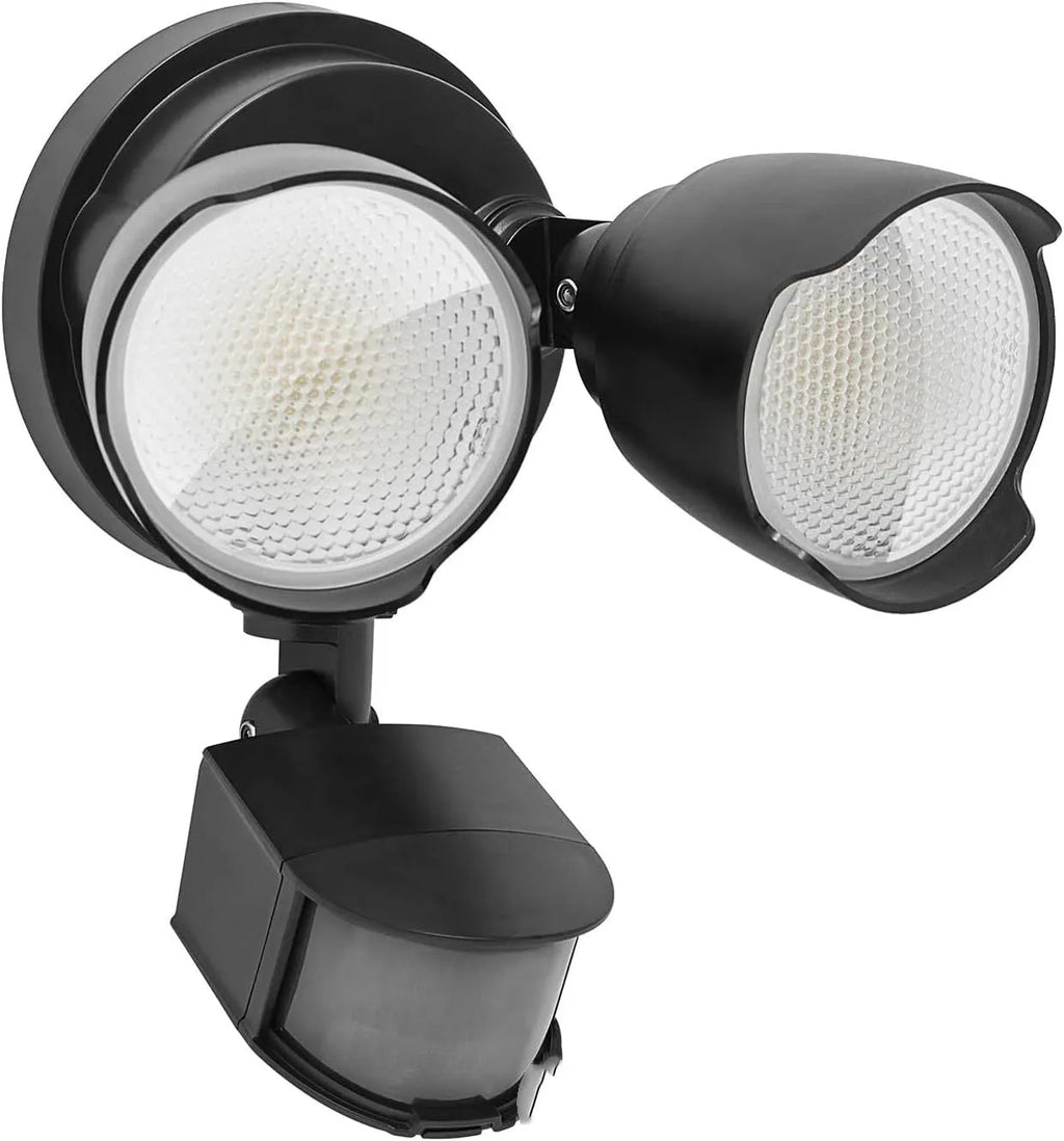 White outdoor LED security floodlight with motion sensor mounted on wall