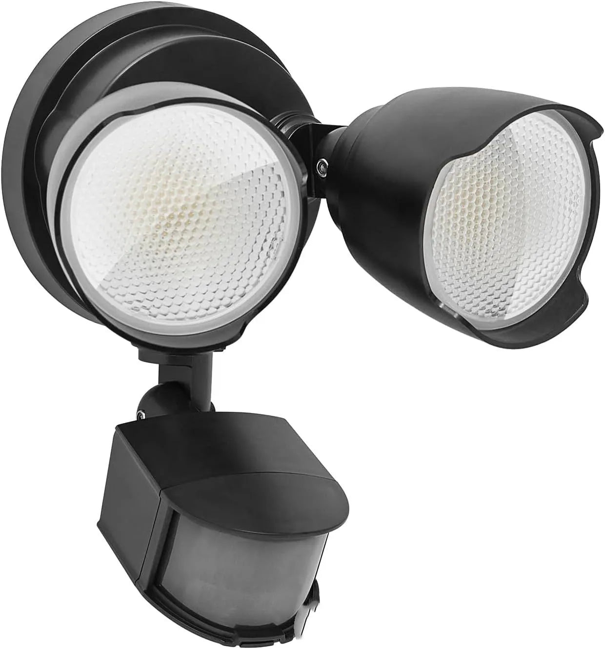White outdoor LED security floodlight with motion sensor mounted on wall