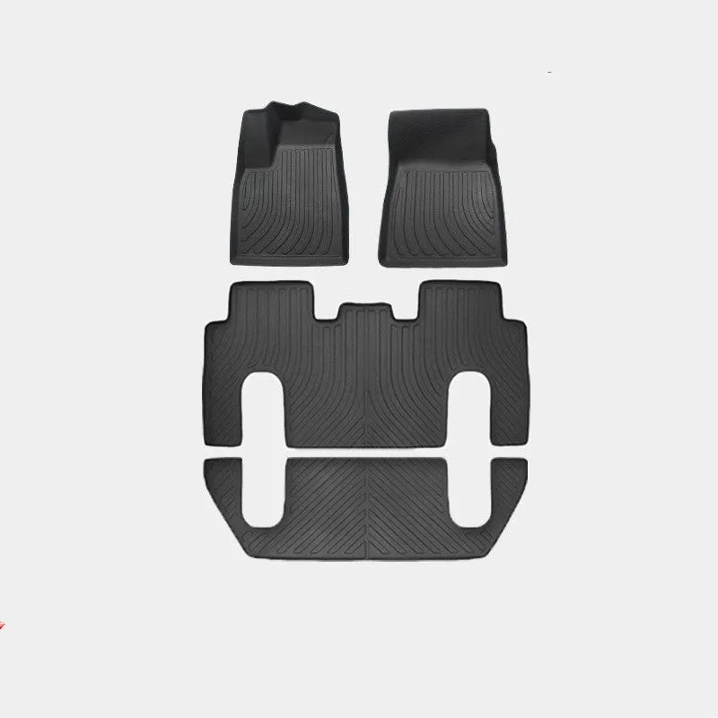 Waterproof TPE car mats for Tesla Model X showing front, rear, and tailbox pieces