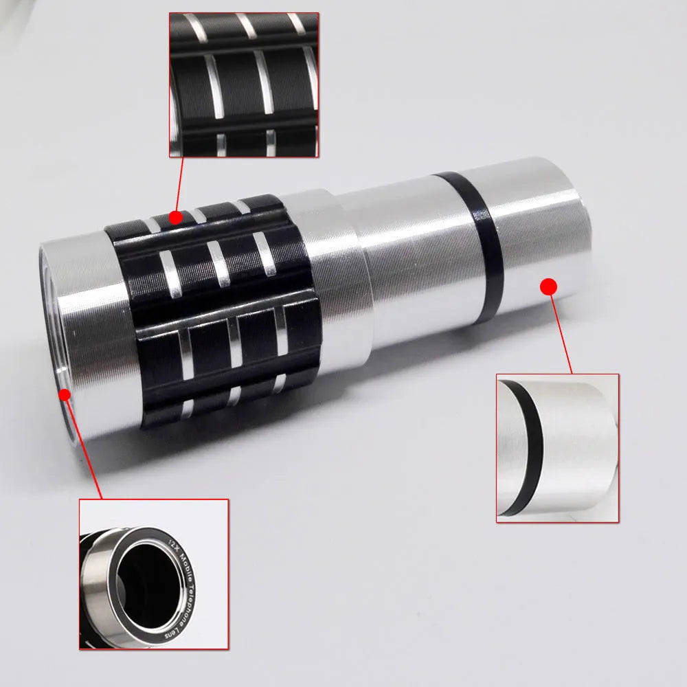 12 times telescopic zoom mobile phone lens with universal collar clip attached for iPhone and Android.