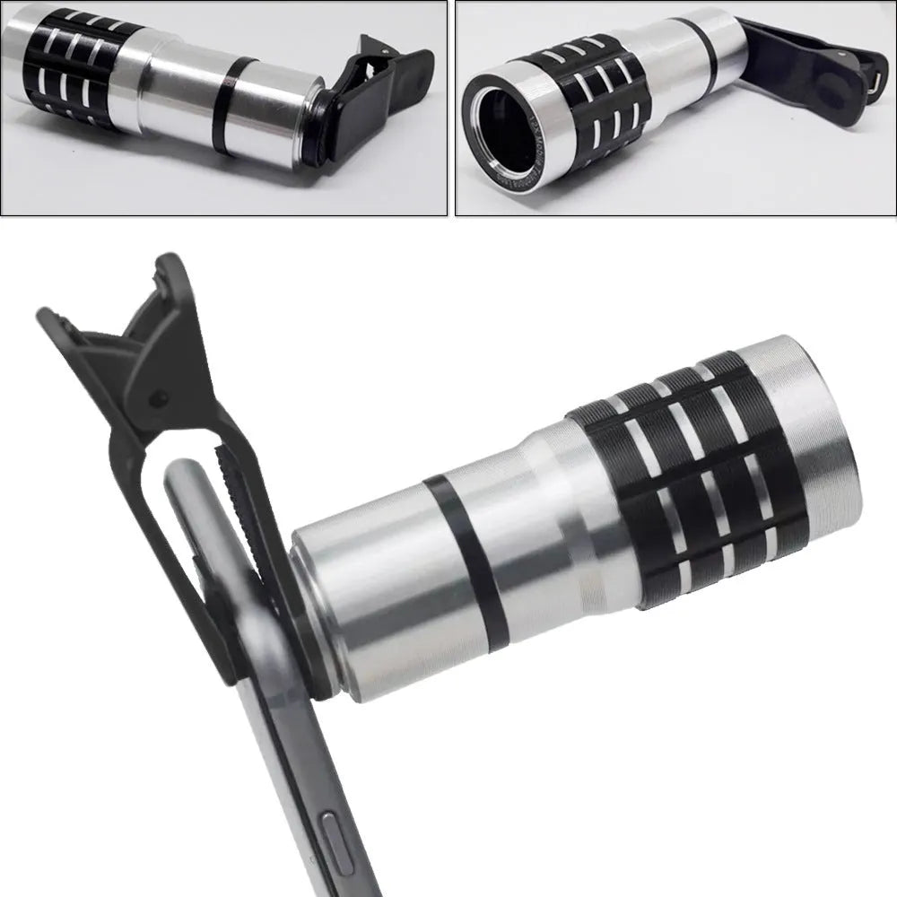 12 times telescopic zoom mobile phone lens with universal collar clip attached for iPhone and Android.