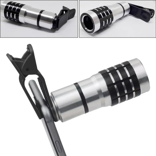 12 times telescopic zoom mobile phone lens with universal collar clip attached for iPhone and Android.