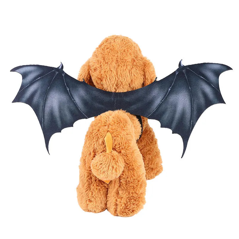 Black bat wing Halloween costume for pets showing three size options for cats and dogs