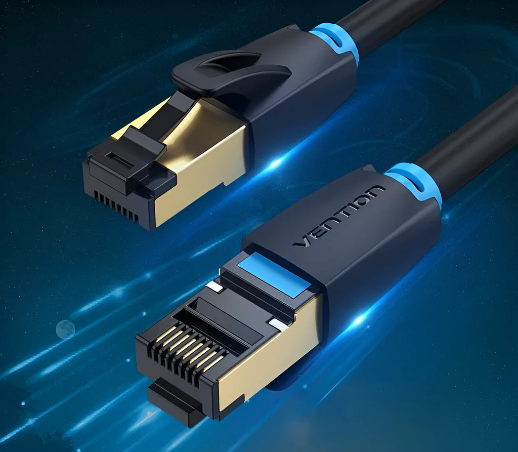 A shielded CAT8 Ethernet network cable with RJ45 connectors, shown in both flat and round style options.
