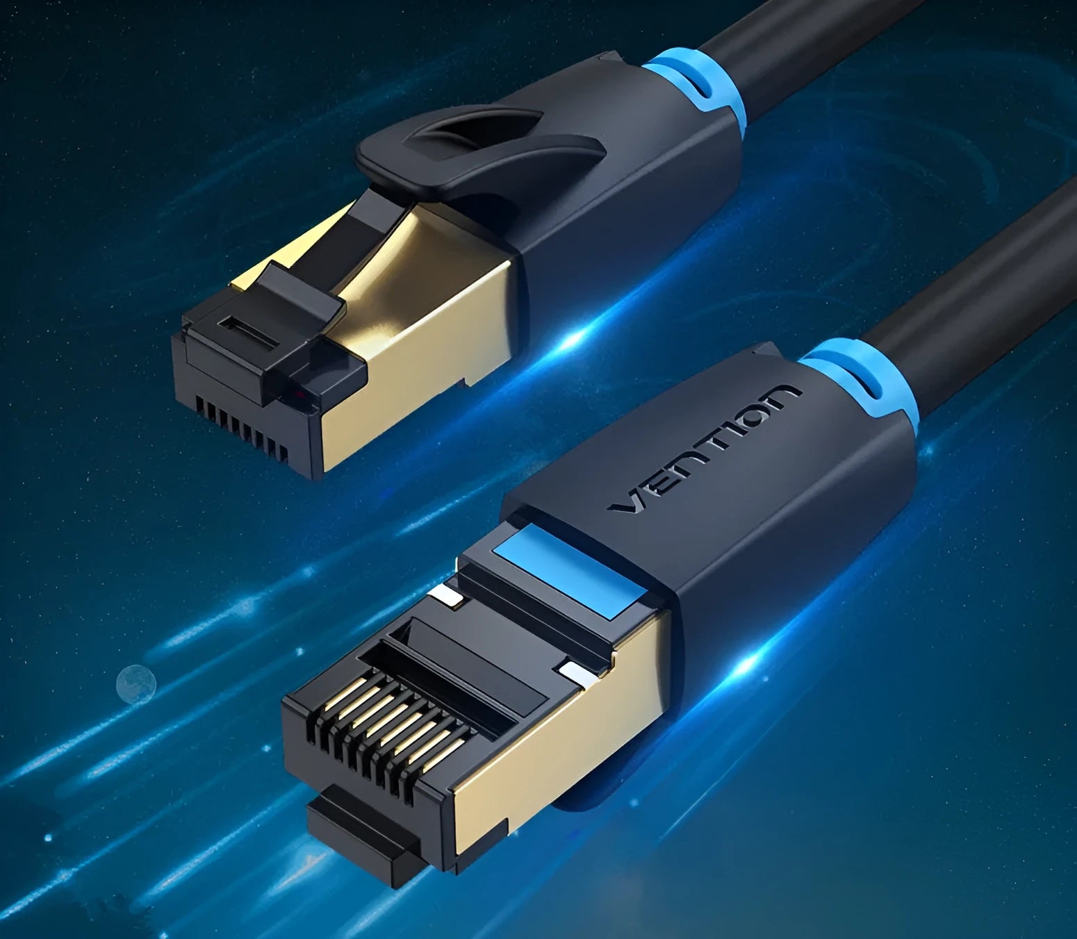 A shielded CAT8 Ethernet network cable with RJ45 connectors, shown in both flat and round style options.
