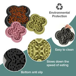Silicone pet licking pad slow feeder in green colour on kitchen floor