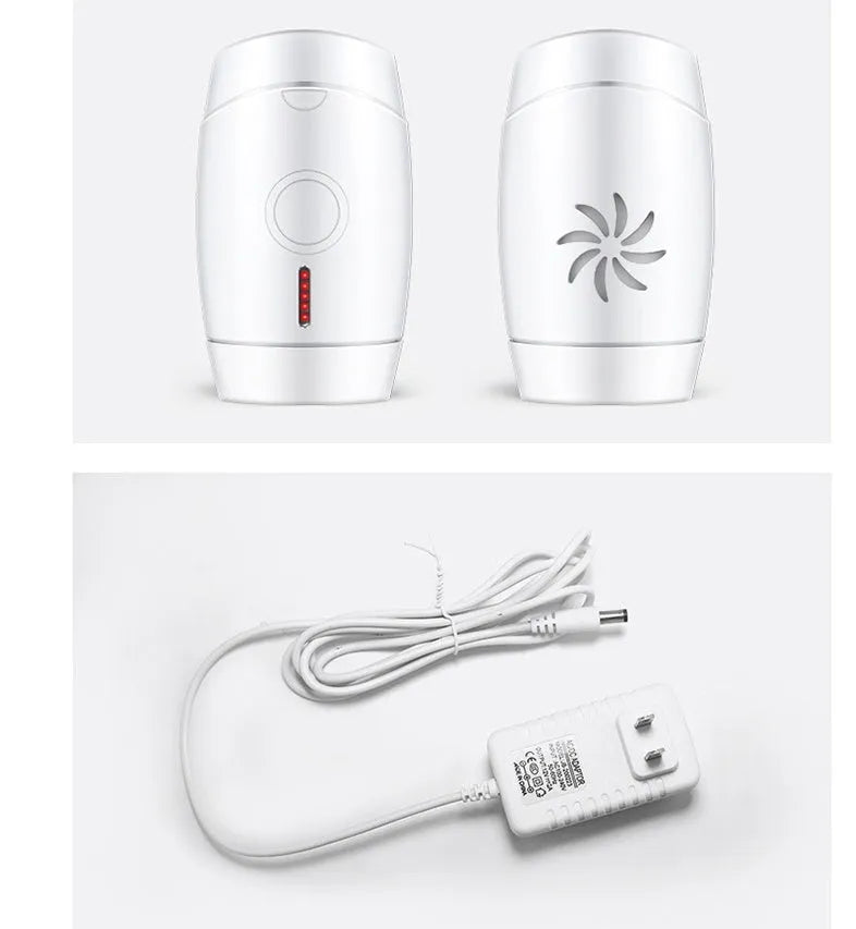 White home laser hair removal instrument with display, showing compact size and included adapter.