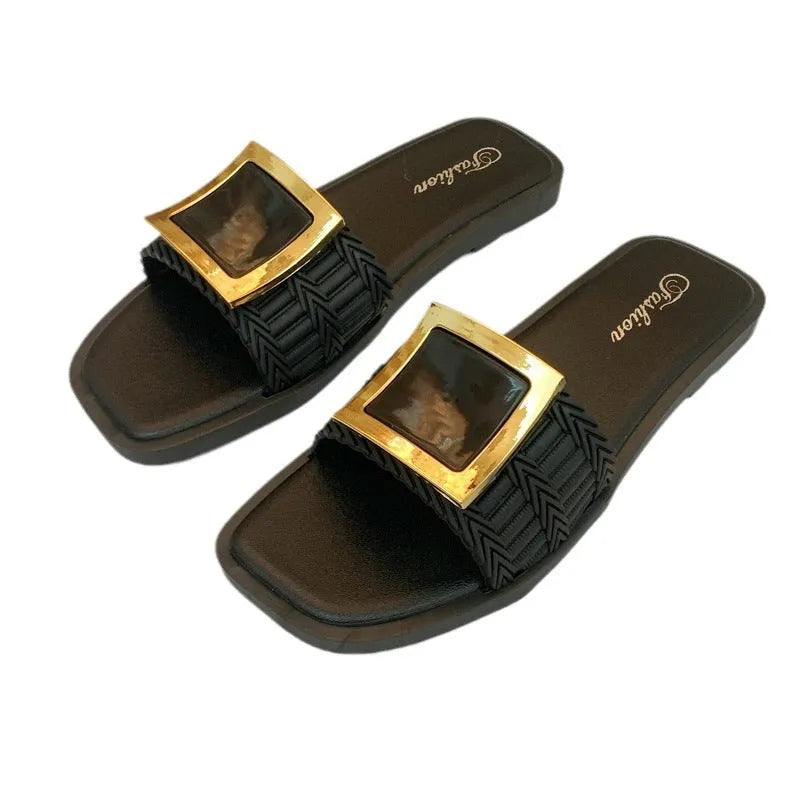 Women's flat summer slippers in apricot, black or khaki with PVC soles