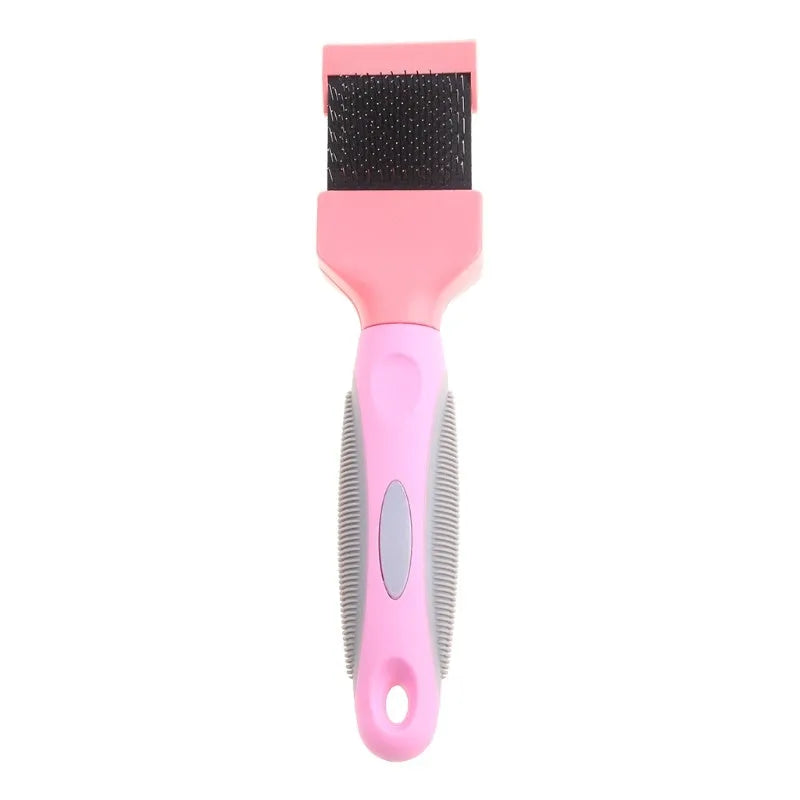 Blue double-sided pet brush with ergonomic handle shown next to pink version, displaying soft and firm stainless steel pin sides.