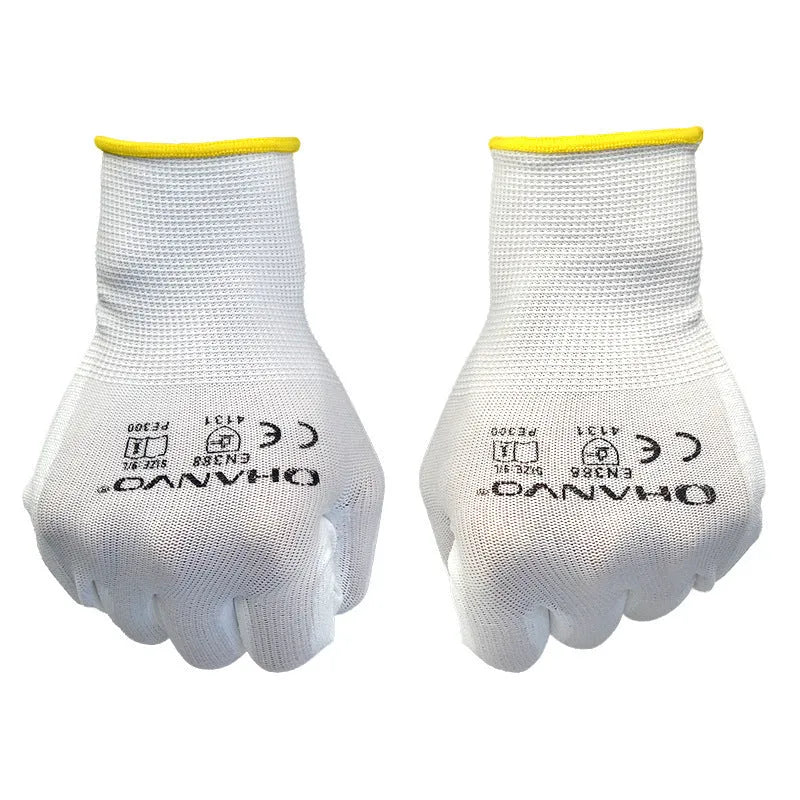 White PU coated work gloves showing textured grip, in sizes M and L, sold in a pack of 10 pairs.