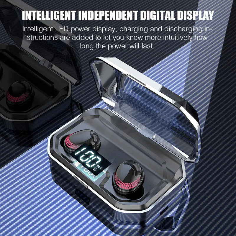 Black X10 wireless Bluetooth headset with a compact charging case on a white background.