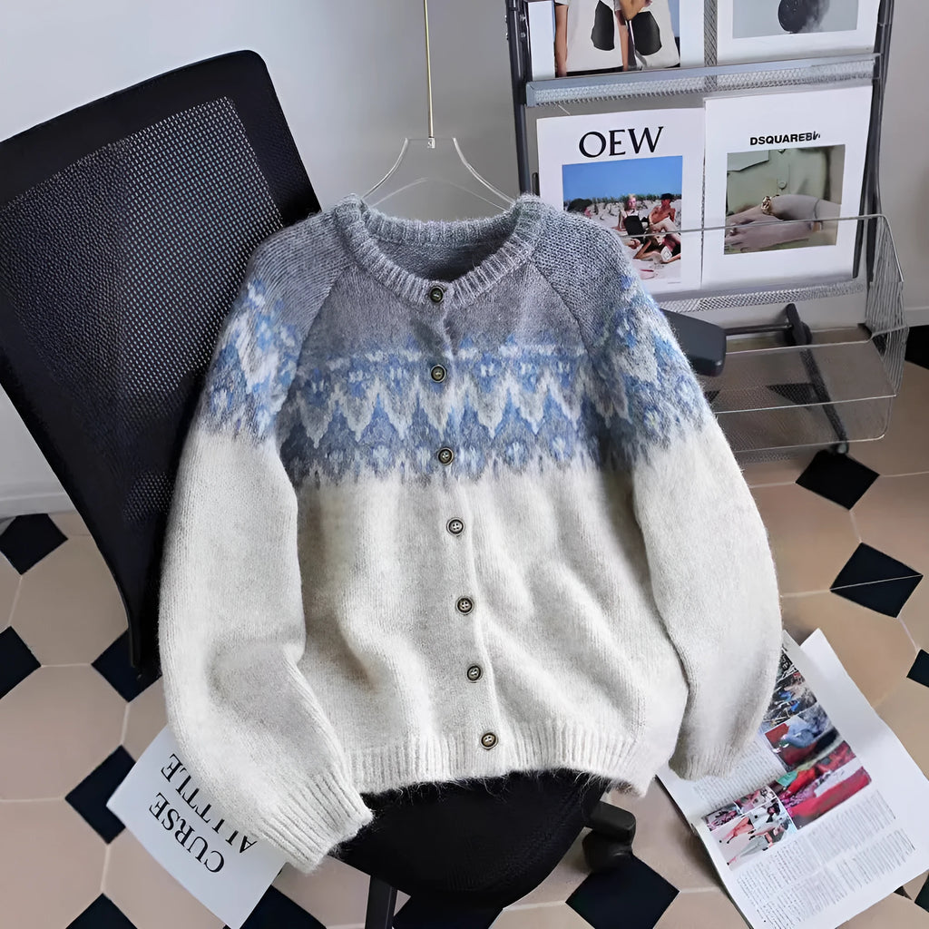 Women's brown jacquard patterned sweater coat with a loose fit and long sleeves.