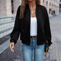 Black women's casual zip-front jacket with long sleeves for autumn and winter.