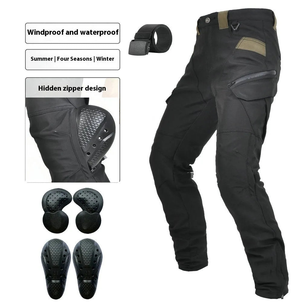Motorcycle waterproof cycling trousers with protective gear set in black or green belt colours