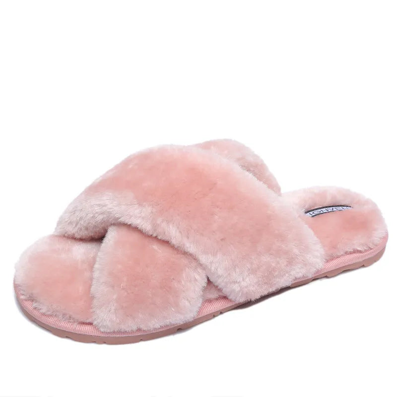 Women's cross open-toe fur slippers in black with patterned rubber sole and anatomical heel design