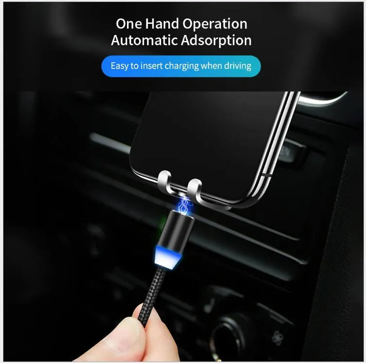 YBD magnetic LED charging cable with cotton braided cord and aluminium connectors in black