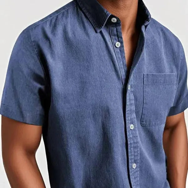 Men's single-breasted short sleeve shirt in loose cardigan style with cotton blend fabric