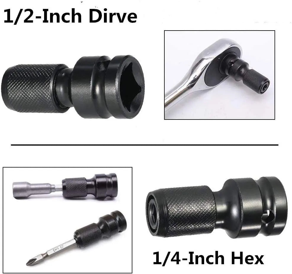 Telescopic 1/2-inch to 1/4-inch socket adapter with hexagonal handle and extension sleeve