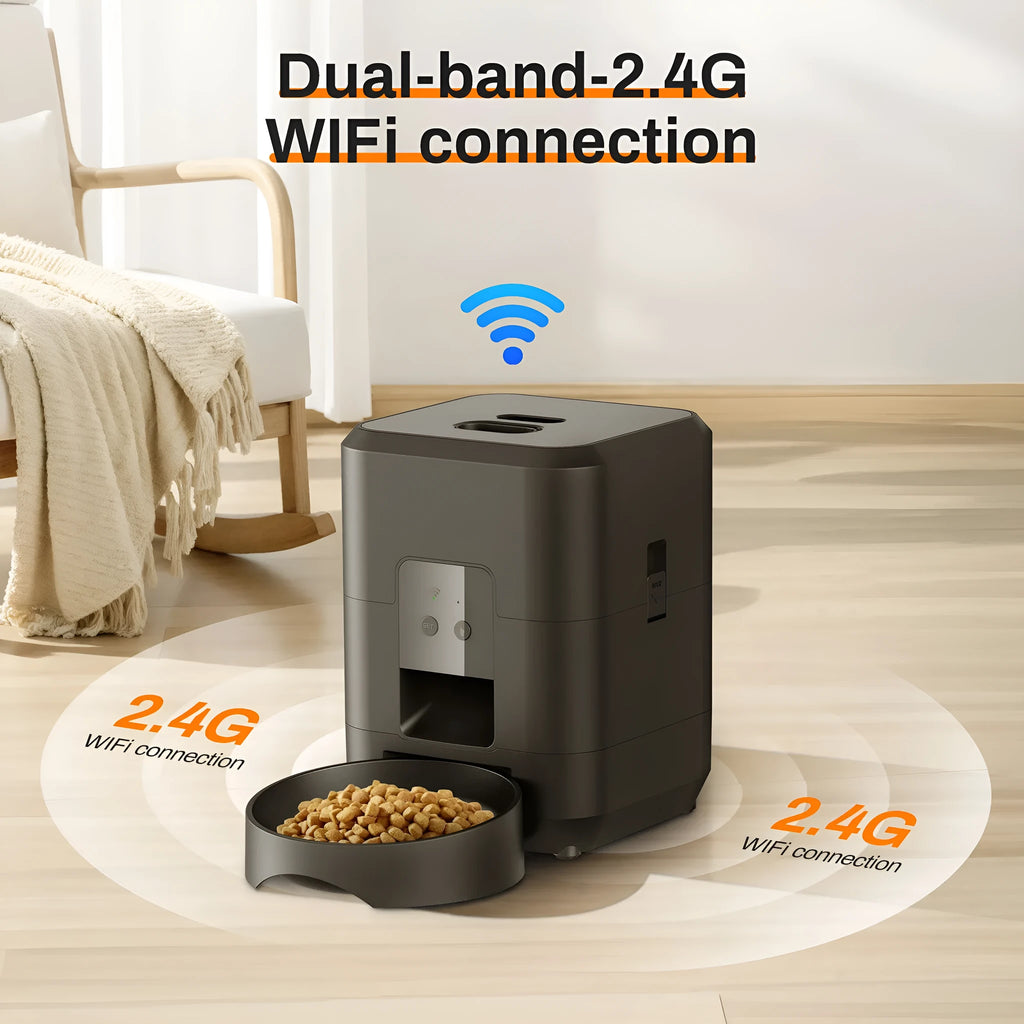 Automatic cat feeder in white or black with programmable timing and remote control options