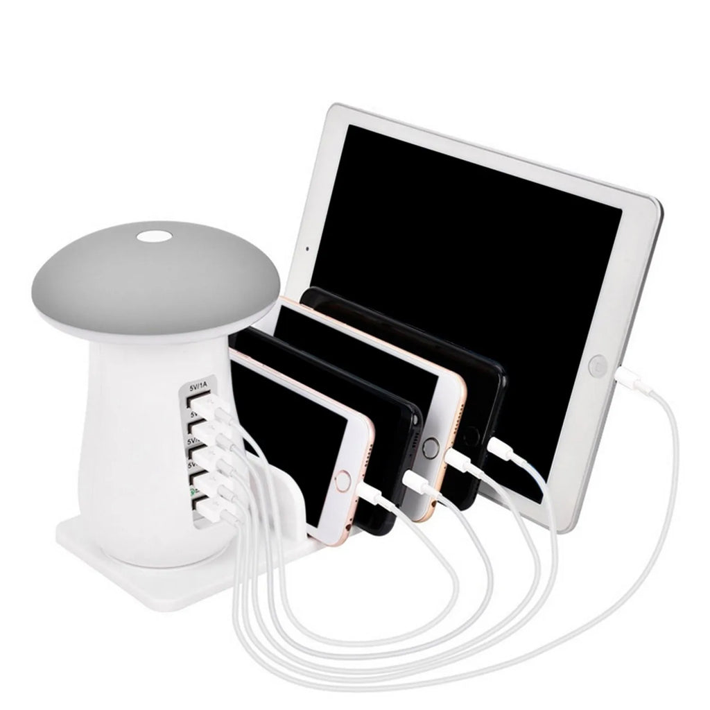 White mushroom-shaped LED charging dock station with 5 USB ports for phones and tablets.