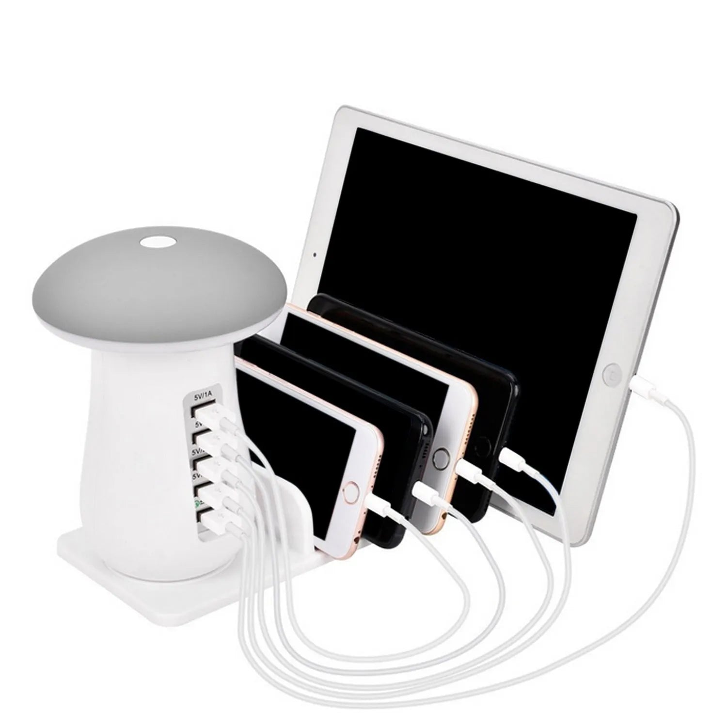 White mushroom-shaped LED charging dock station with 5 USB ports for phones and tablets.