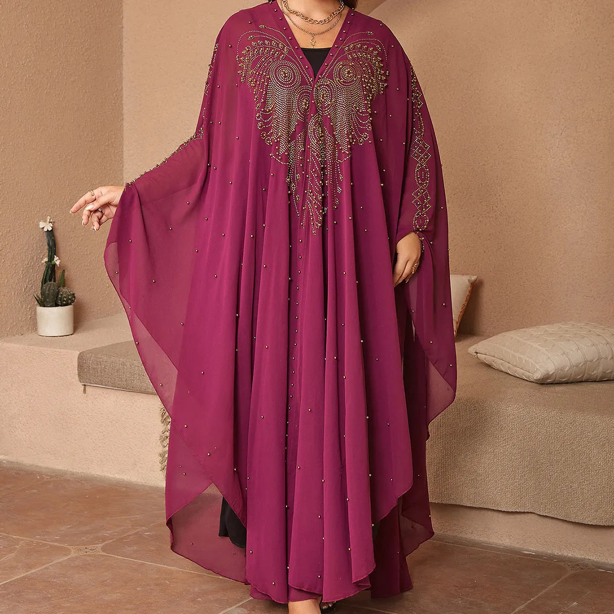 Purple Muslim style chiffon cape with rhinestone bead detailing, shown draped at 135-175cm length