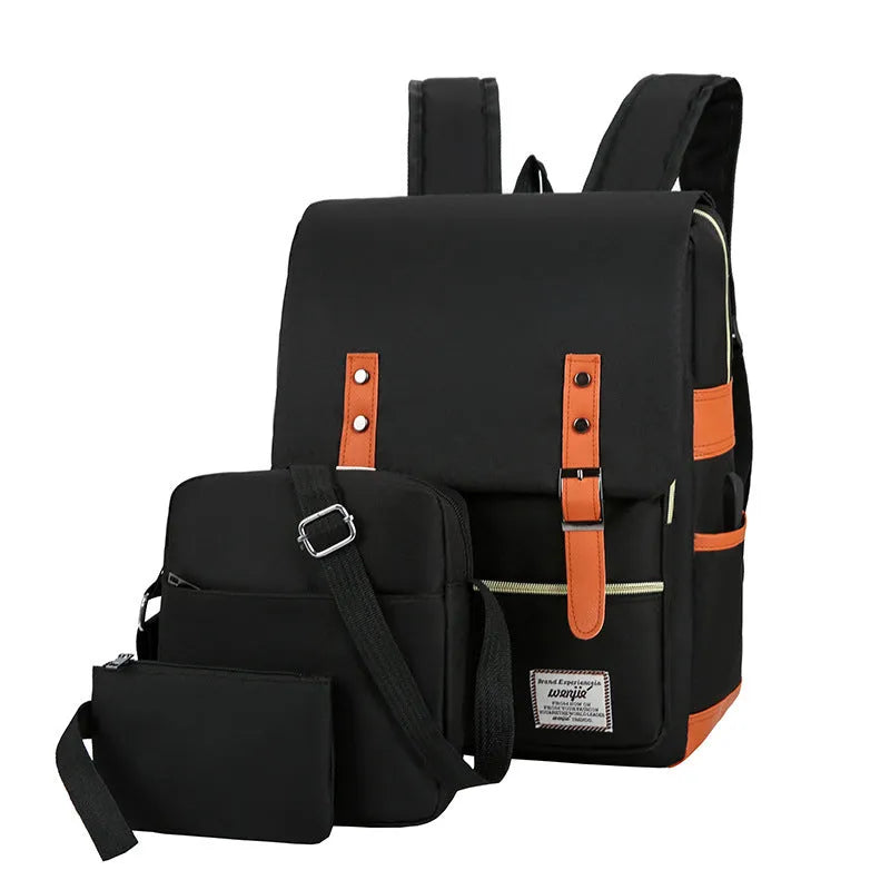 Three-piece business travel backpack in Oxford cloth with curved shoulder straps and multiple compartments