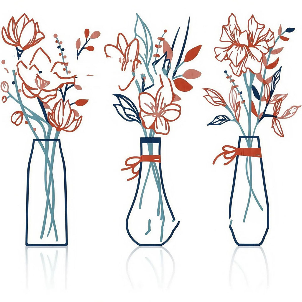 Three-piece metal flowers wall art set in alloy with vase motifs for farmhouse or bathroom decor