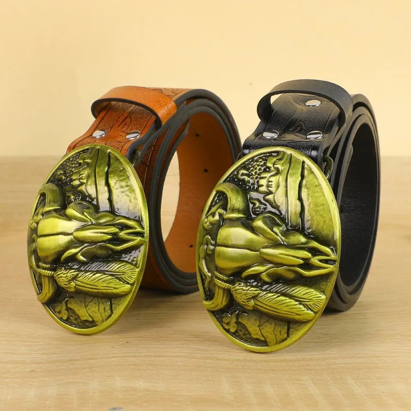 Men's cow head buckle belt in imitation leather with alloy buckle showing embossed detailing