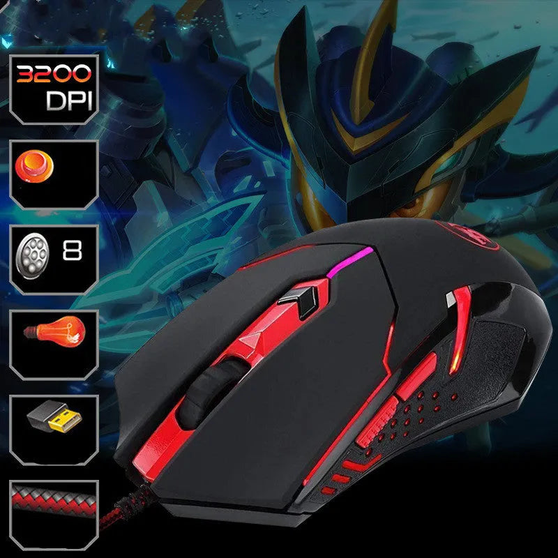 Black and red USB wired optical gaming mouse with 2000 DPI resolution and six buttons