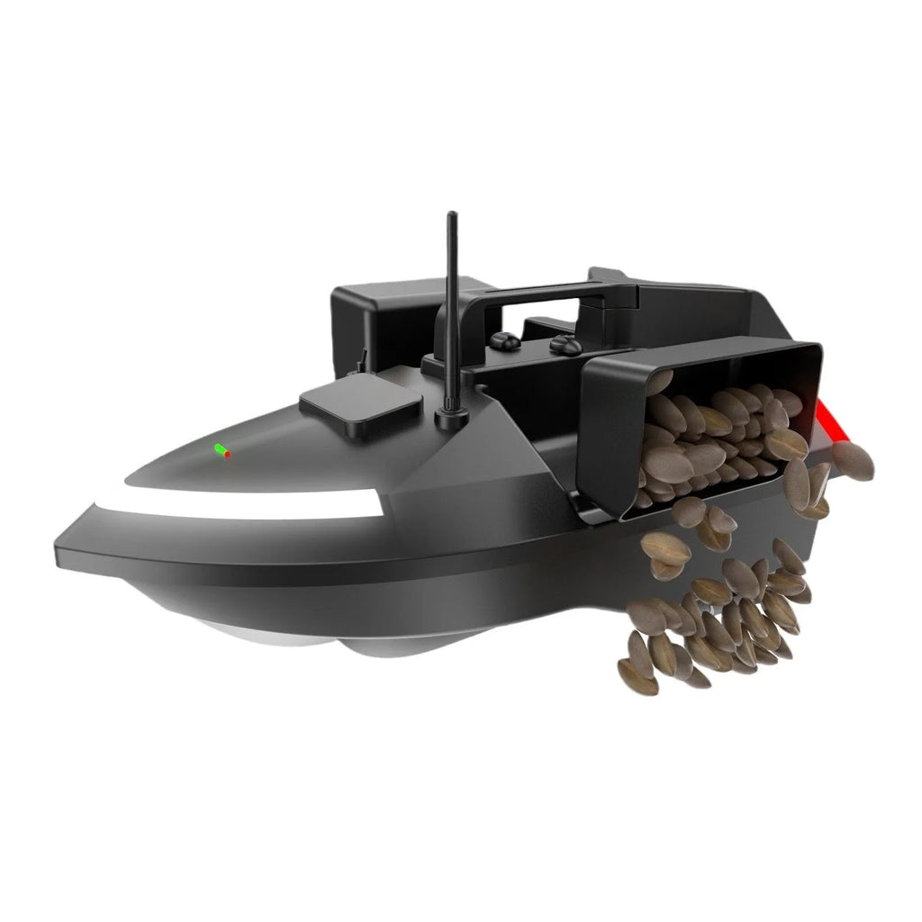 Black and luminous yellow remote control fishing boat with GPS antenna and LED light on bow.