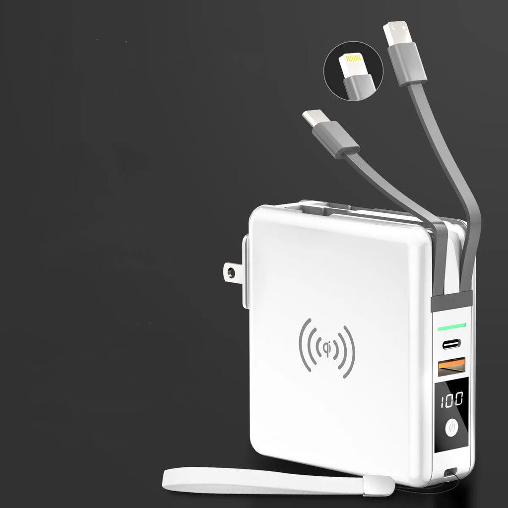 Black and white portable power bank with PD20W fast charging, wireless function, and built-in international plug adapters.