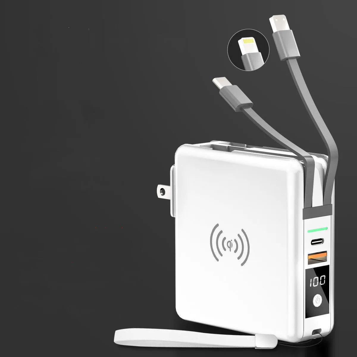 Black and white portable power bank with PD20W fast charging, wireless function, and built-in international plug adapters.