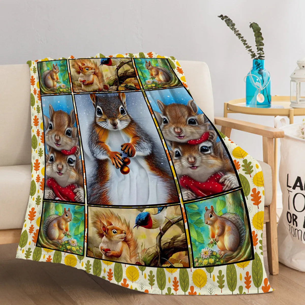 Yellow flannel blanket with white bellied squirrel print, 130x150cm, laid on a white background
