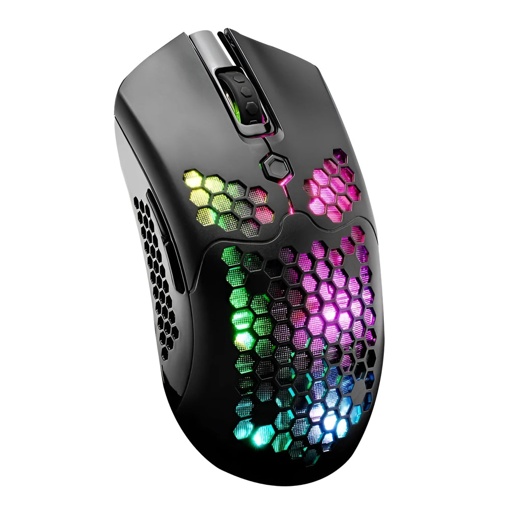 Free Wolf X2 wireless gaming mouse in black with RGB lighting, showing ergonomic shape and side buttons.