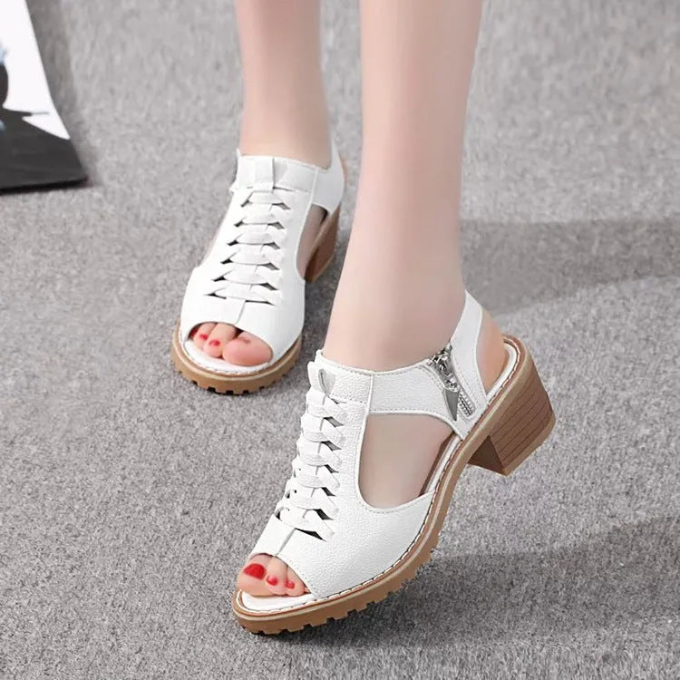 Women's retro sandals with side zipper, 3-5cm heel, in black, creamy white, or white.