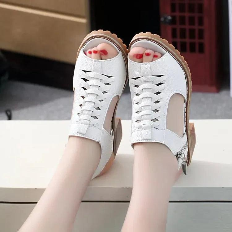 Women's retro sandals with side zipper, 3-5cm heel, in black, creamy white, or white.