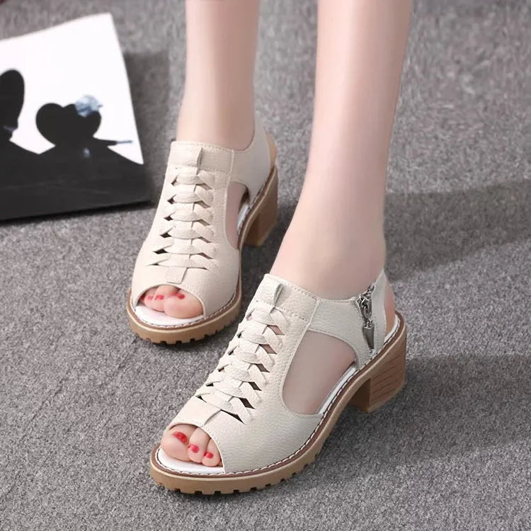 Women's retro sandals with side zipper, 3-5cm heel, in black, creamy white, or white.