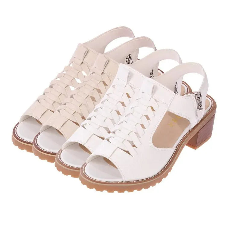 Women's retro sandals with side zipper, 3-5cm heel, in black, creamy white, or white.
