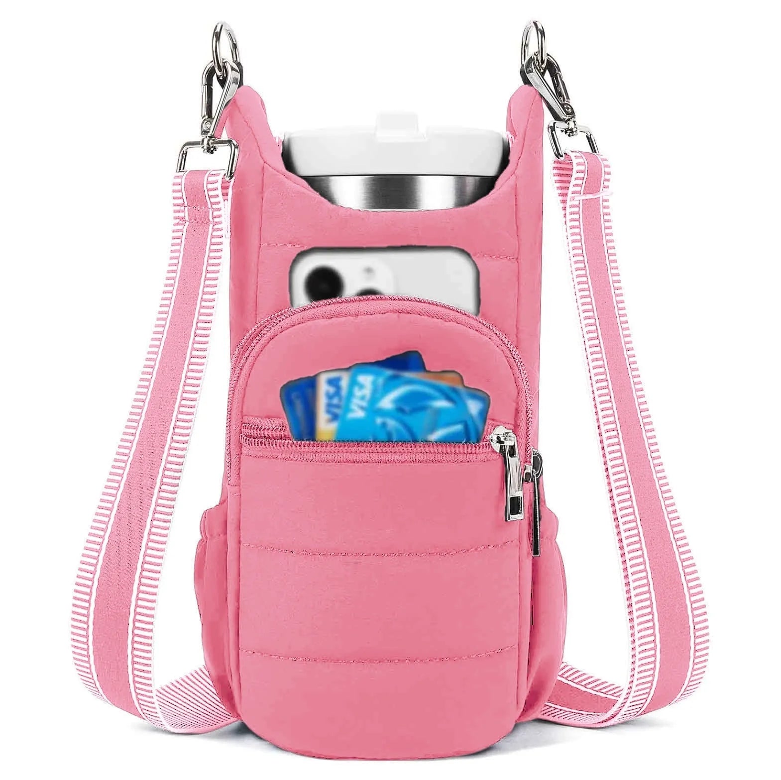 Cloth water bottle bag for bicycle mounting in black, pink, or beige colours