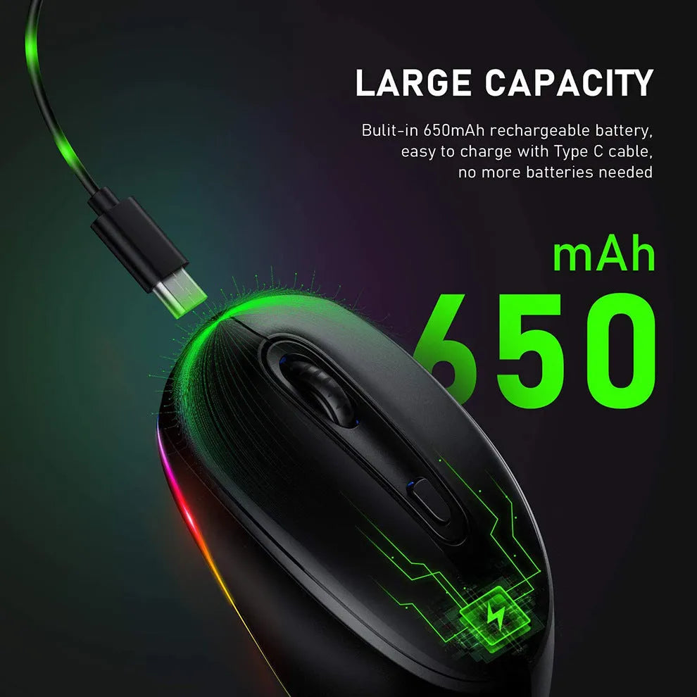 24g lightweight wireless mouse for laptops in various colours, shown with USB charging cable.