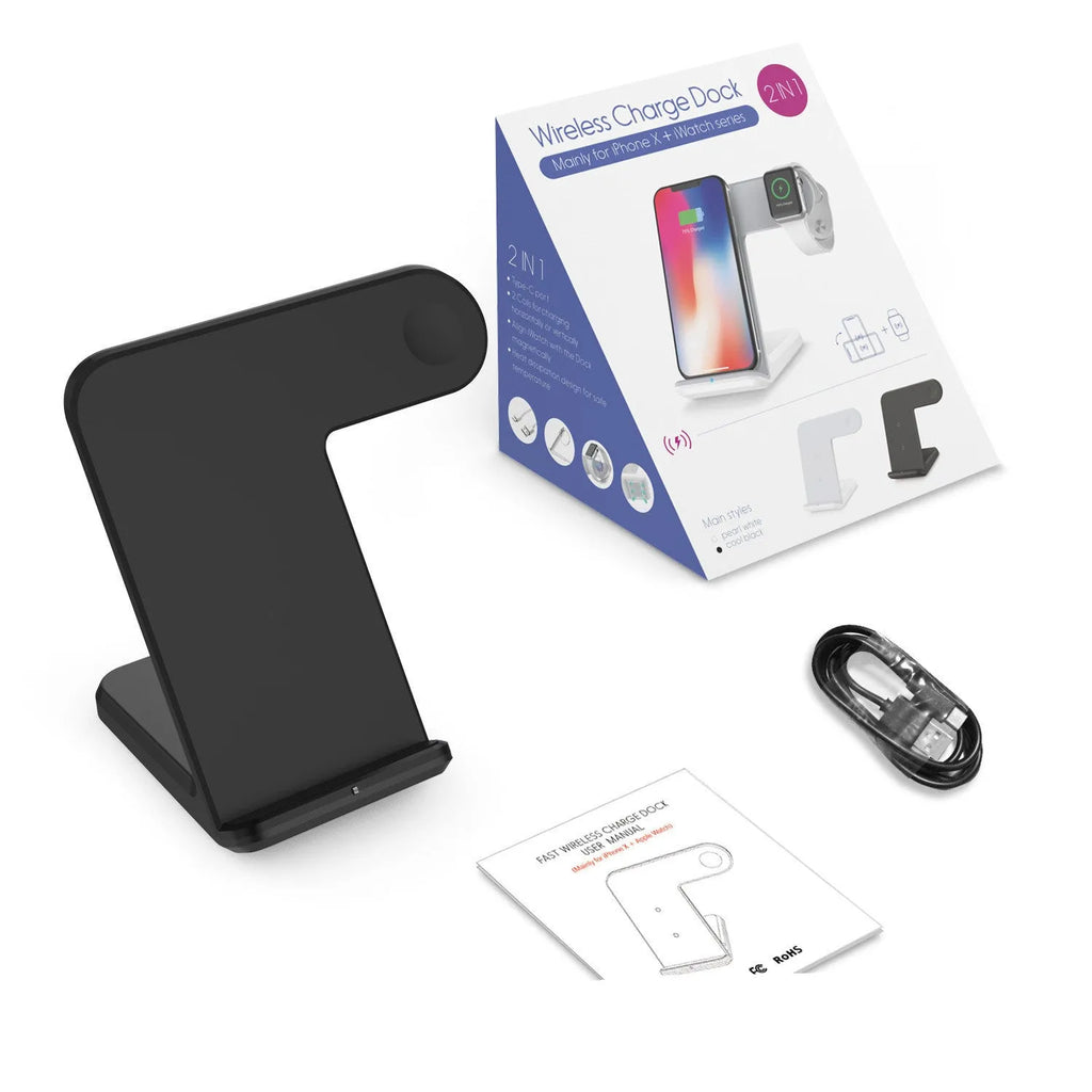 Black Qi wireless charging pad with phone on top and USB-C cable.