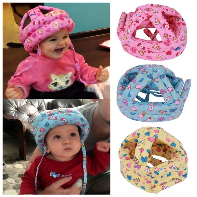 Baby anti collision hat with high-density sponge padding, adjustable headband, breathable cotton outer, colourful design