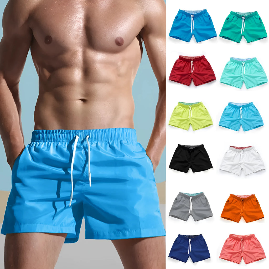 Men's straight leg beach shorts in multiple colours with grinding process polyester fabric