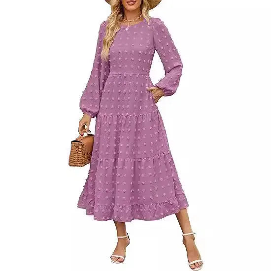 Women's high waist long sleeve dress with ruffled sleeves in beige colour.