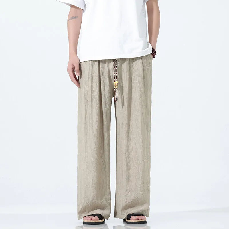 Men's straight-leg bamboo fibre trousers in black, wide leg casual style mid waist fit